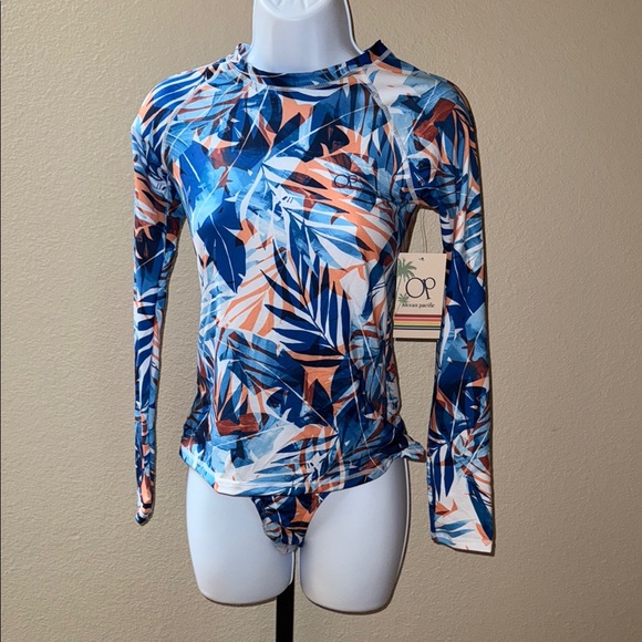 NWT OP Women's Pc Rashguard Swim Top and Bikini Bottom Tropical